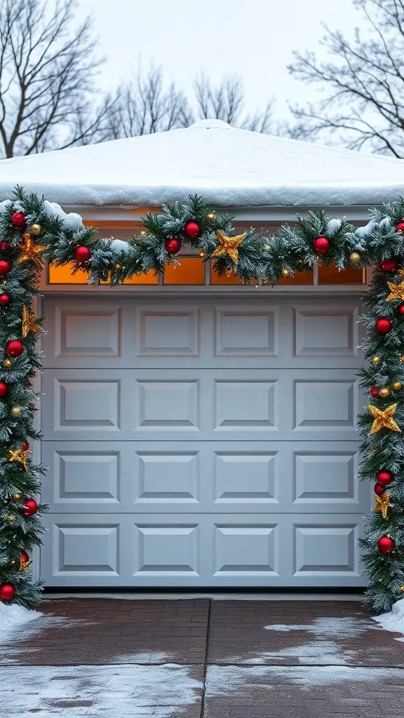 29+ Creative Garage Door Christmas Decorations You'll Love 14 A garage door decorated with green garland, red ornaments, and golden stars, surrounded by snow.