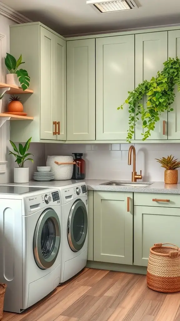 25+ Stunning Laundry Room Cabinet Ideas for a Chic and Organized Space 11 Eco-friendly laundry room with green cabinets and plants