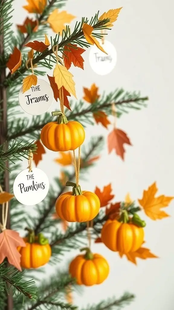A Thanksgiving tree decorated with pumpkins and autumn leaves.