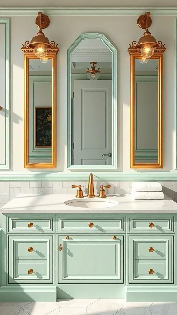 23+ Inspiring Green Bathroom Ideas for a Refreshing Makeover 7 Mint green vanity with gold fixtures and mirrors in a stylish bathroom