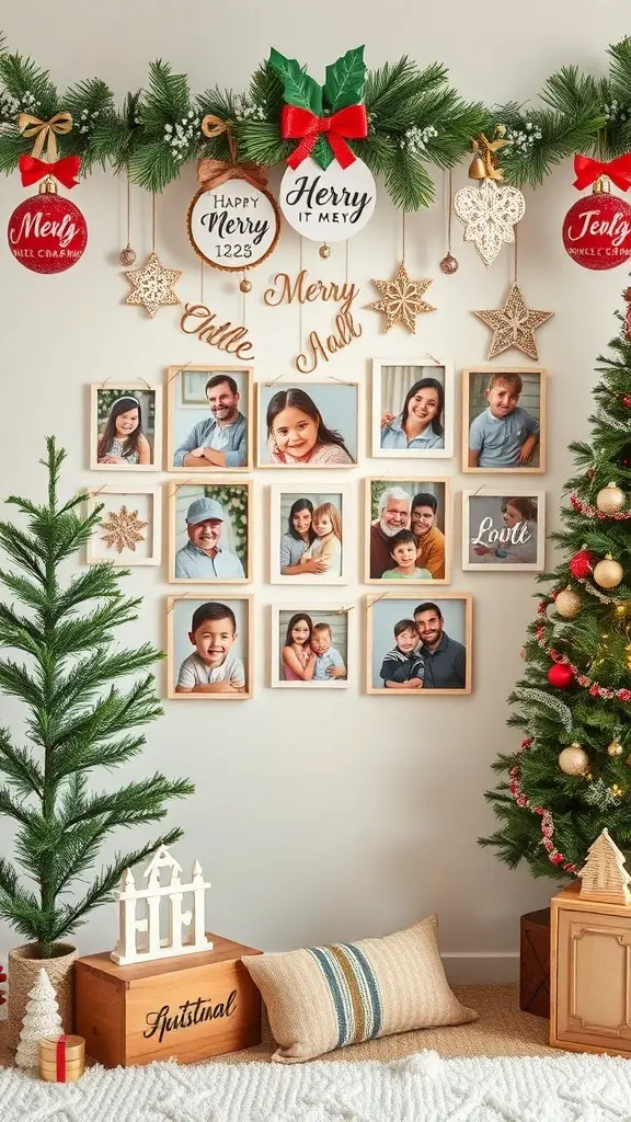 A cozy Christmas decor featuring a wall of family photos, festive ornaments, and decorated Christmas trees.
