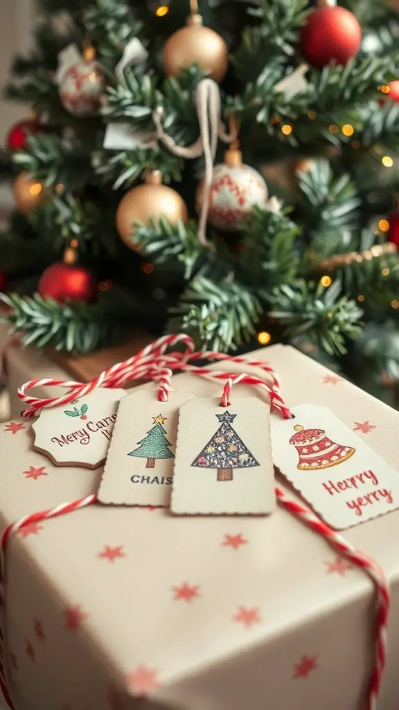 Holiday gift tags hanging from a wrapped present with a Christmas tree in the background.