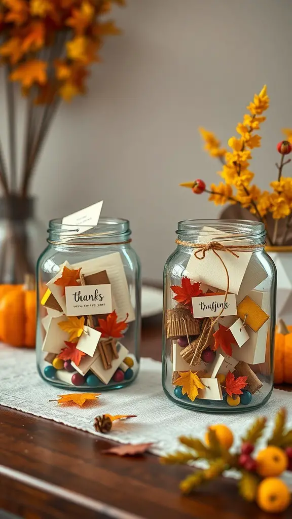 27+ Creative Thanksgiving Crafts for Preschoolers 16 Two gratitude jars filled with colorful notes and decorations, surrounded by autumn leaves and pumpkins.