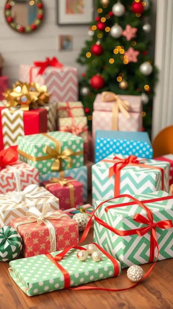 A collection of beautifully wrapped Christmas gifts in various colors and patterns, surrounded by a festive atmosphere.