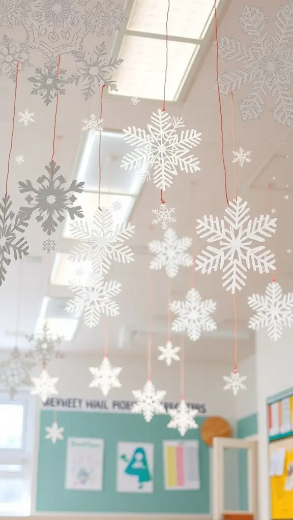 A classroom decorated with hanging paper snowflakes