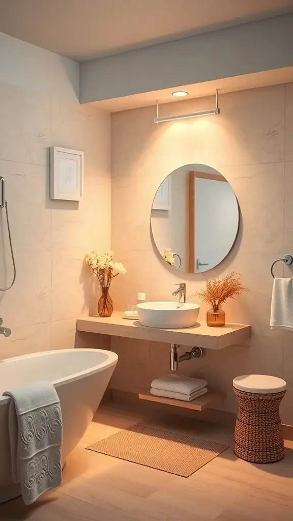 23+ Chic Neutral Toned Bathroom Ideas for a Serene Space 11 A neutral toned bathroom with warm lighting, featuring a round mirror, a bathtub, and decorative elements.