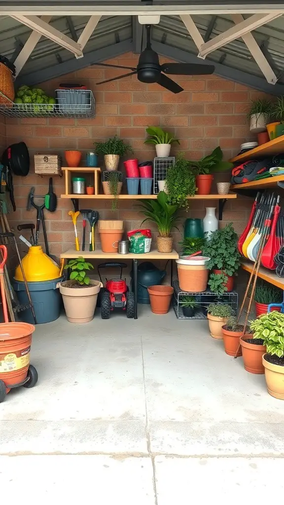 23+ Creative Garage Conversion Ideas for Your Home 13 A well-organized garage with shelves filled with gardening tools, pots, and plants.