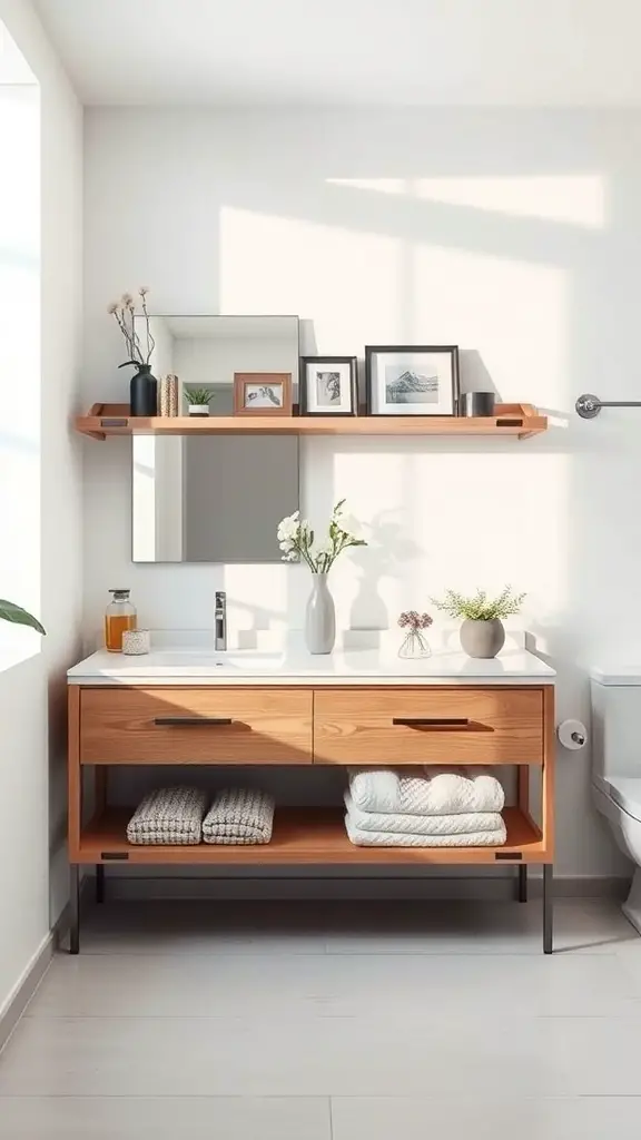 27+ Stunning Floating Vanity Ideas for Your Bathroom Renovation 16 A modern floating vanity with open shelving in a bright bathroom