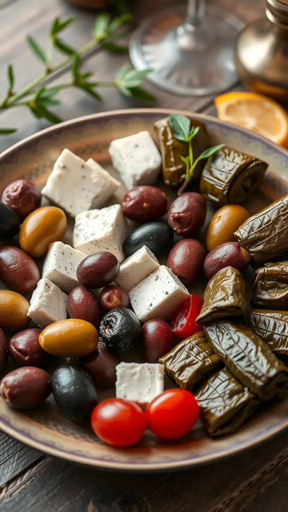 A Mediterranean mezze platter featuring olives, feta cheese, cherry tomatoes, and stuffed grape leaves.