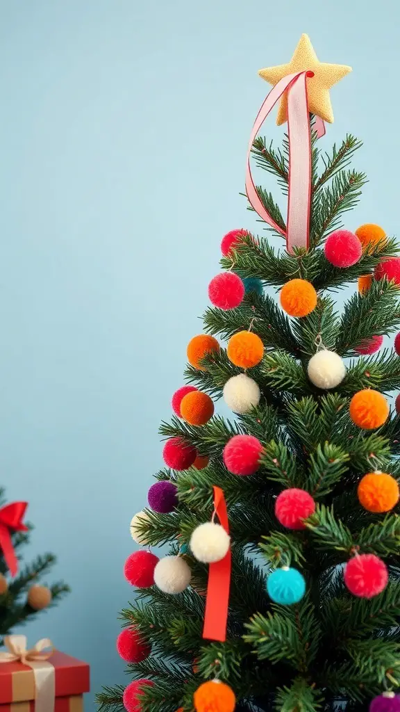 29+ Creative Christmas Tree Ribbon Decorating Ideas You’ll Love 12 A Christmas tree decorated with colorful pom-poms and ribbons, topped with a star.