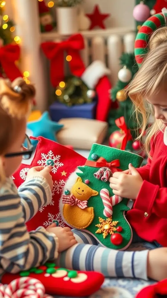 Children decorating colorful felt Christmas stockings with festive designs