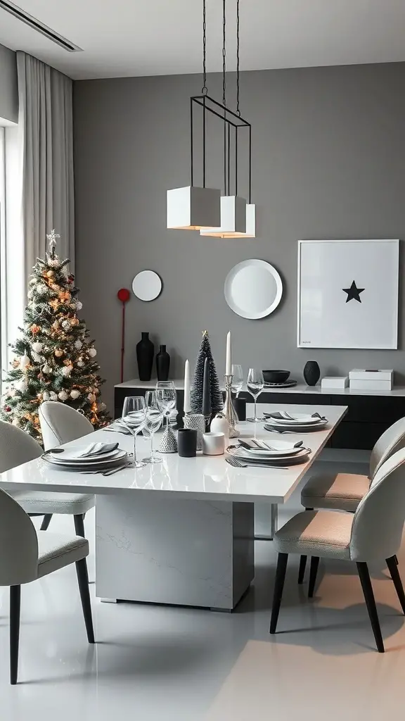 A modern minimalist Christmas dining table with a white surface, gray accents, and a small Christmas tree.