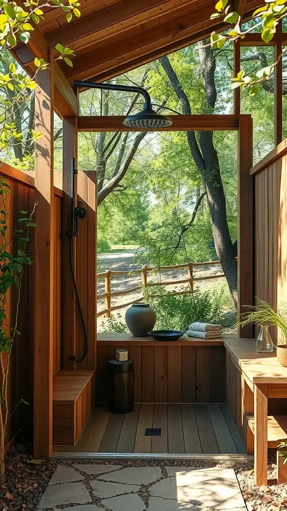 27+ Inspiring Rustic Walk-In Shower Ideas You’ll Love 15 Rustic outdoor shower surrounded by greenery