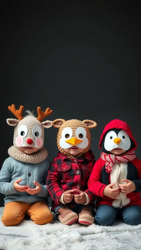 Three children wearing winter animal masks, including a reindeer, an owl, and a penguin, sitting together.