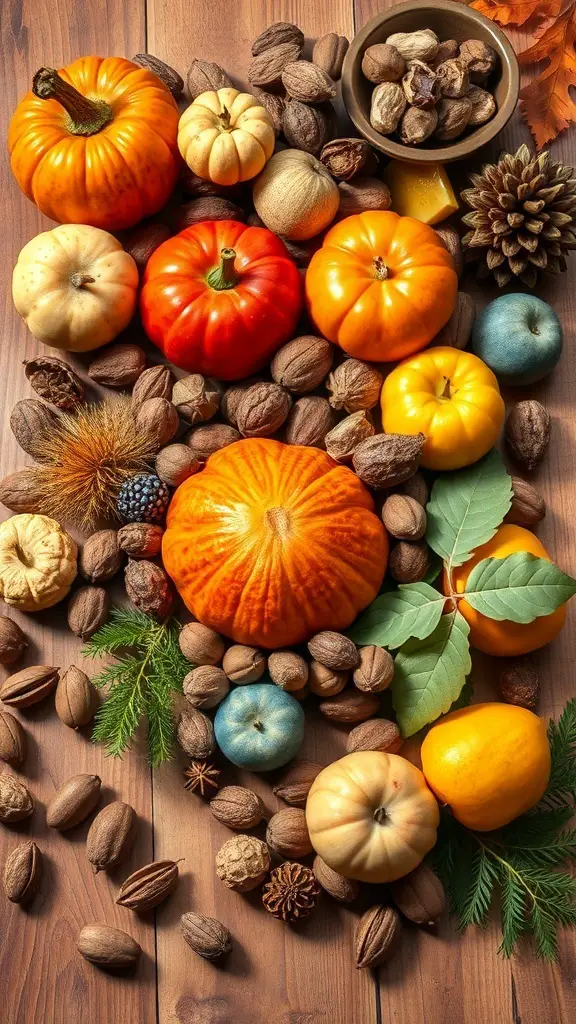 A colorful display of pumpkins, nuts, and seasonal fruits arranged on a wooden surface.