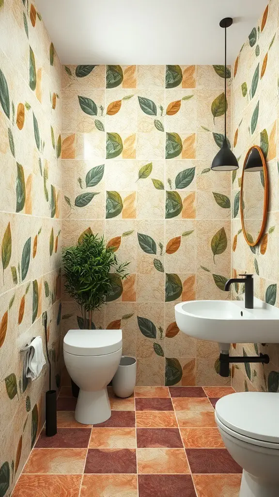 A bathroom with nature-inspired tile designs featuring leaf patterns in earthy tones.