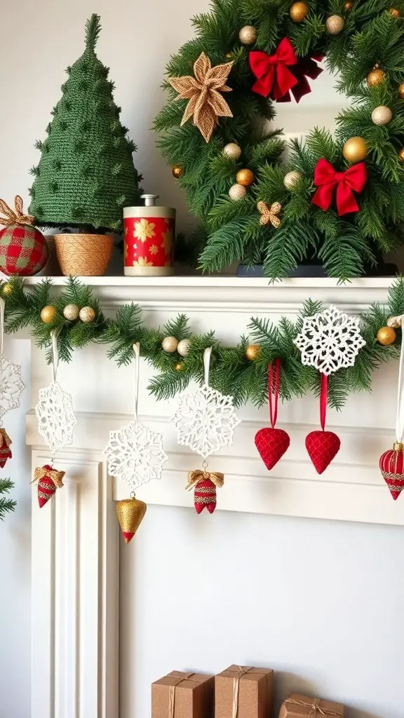 29+ Stunning Crochet Christmas Tree Ideas to Brighten Your Holiday Decor 7 A festive crochet tree garland with snowflakes and ornaments on a mantel decorated for Christmas.