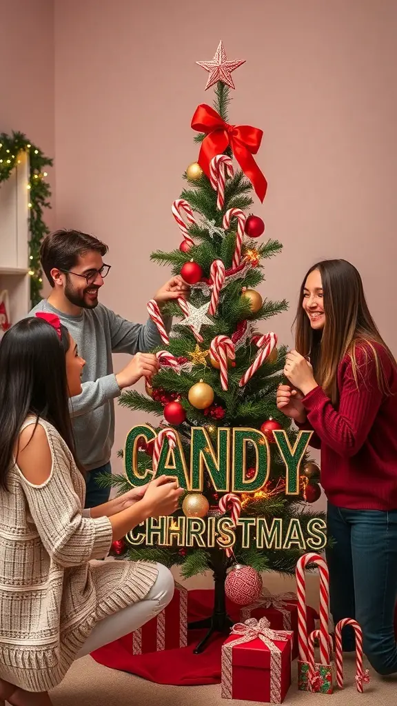 A group of friends decorating a candy cane themed Christmas tree with ornaments and candy canes.