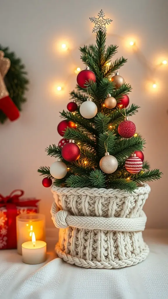 27+ Adorable Tabletop Christmas Tree Ideas for Your Holiday Decor 6 A small tabletop Christmas tree in a knitted basket, decorated with red and gold ornaments, surrounded by candles.
