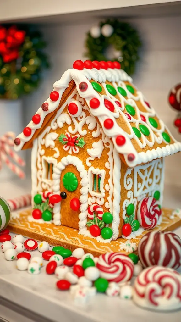 A colorful gingerbread house decorated with candies, surrounded by festive treats.