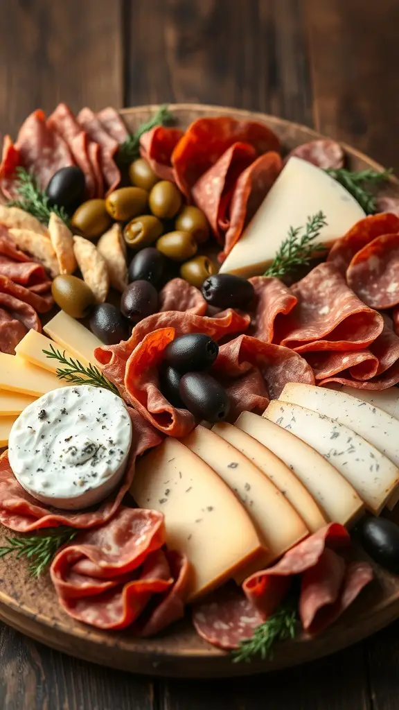 A beautifully arranged charcuterie board featuring various meats, cheeses, olives, and herbs.