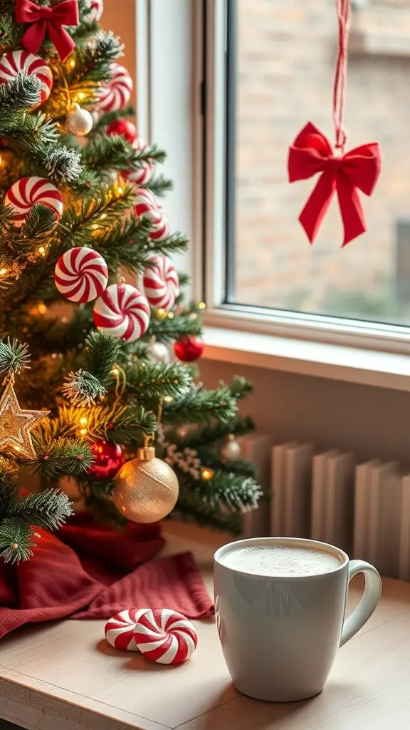 A cozy peppermint-themed hot cocoa station with a small Christmas tree and a cup of hot cocoa.