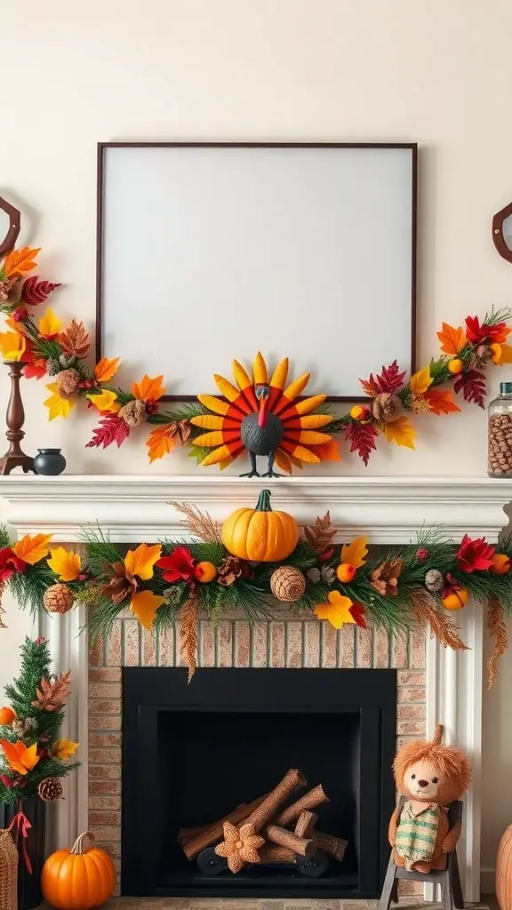 27+ Creative Turkey Crafts for Adults to Celebrate Thanksgiving 5 A beautifully decorated mantel with a turkey garland, autumn leaves, and pumpkins.