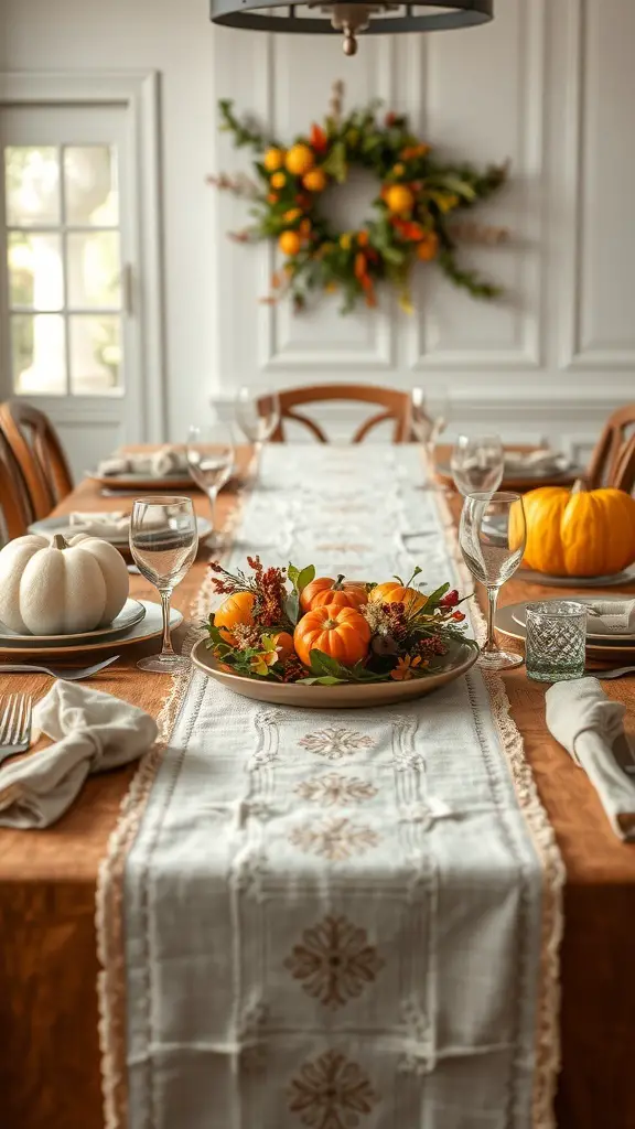 A modern Thanksgiving table setting featuring a linen table runner, pumpkins, and elegant glassware.
