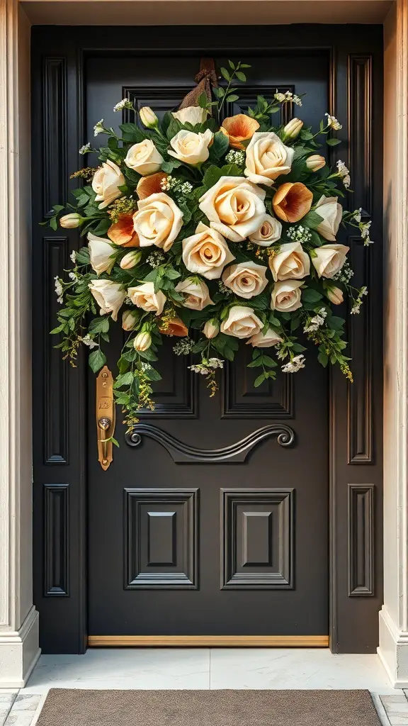 25+ Festive Christmas Swags Ideas for Your Front Door 14 A front door decorated with a gold and cream floral swag, featuring roses and greenery.