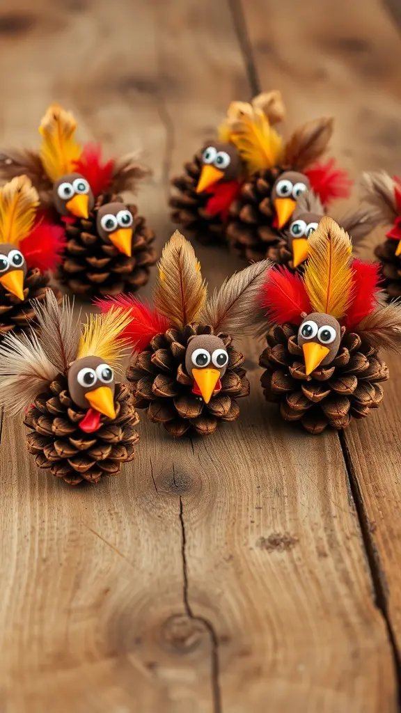 25+ Fun Thanksgiving Crafts for Kids to Make Together 4 Colorful pine cone turkey decorations with feathers and googly eyes on a wooden table.
