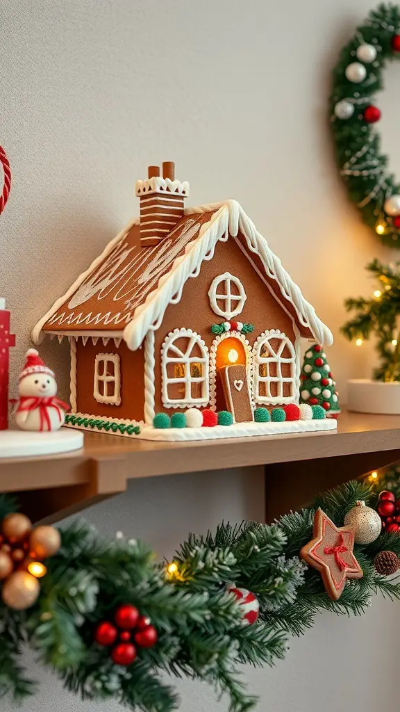 A beautifully decorated gingerbread house on a shelf, surrounded by festive garlands and ornaments.
