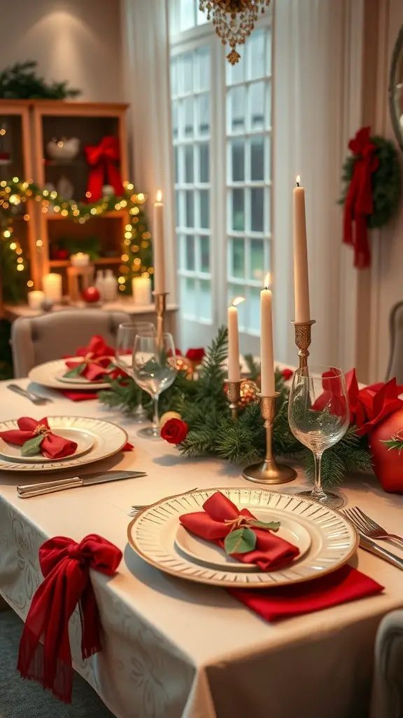 A beautifully decorated Christmas table with red napkins, candles, and greenery.