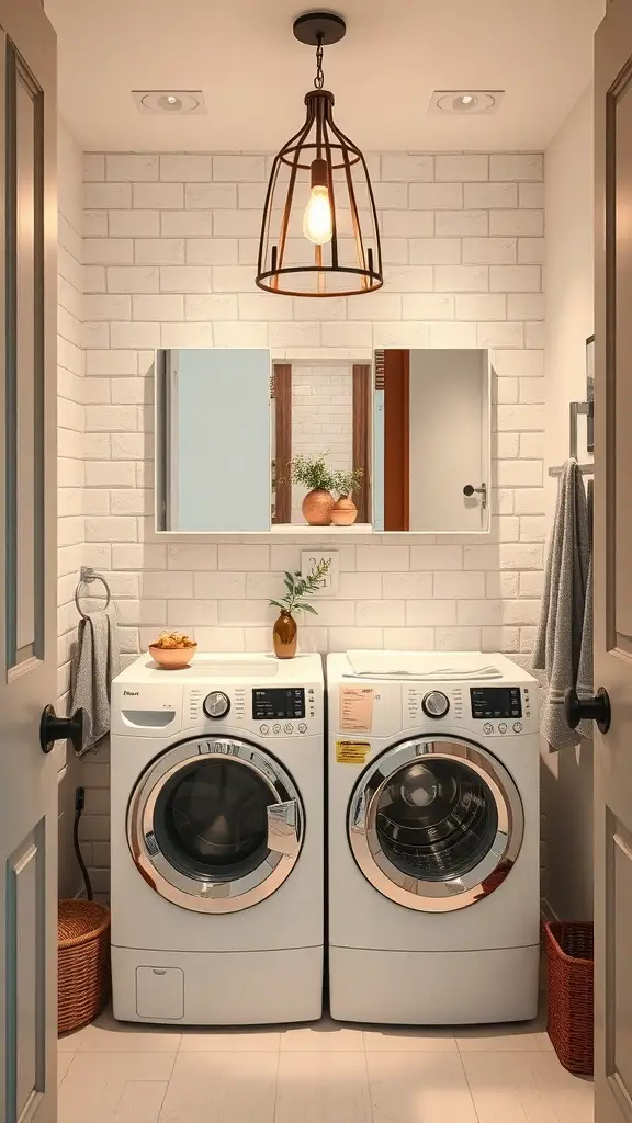 25+ Creative Bathroom Laundry Combo Ideas for Space-Saving Solutions 15 A stylish bathroom laundry combo featuring a pendant light, modern washing machines, and a decorative mirror.