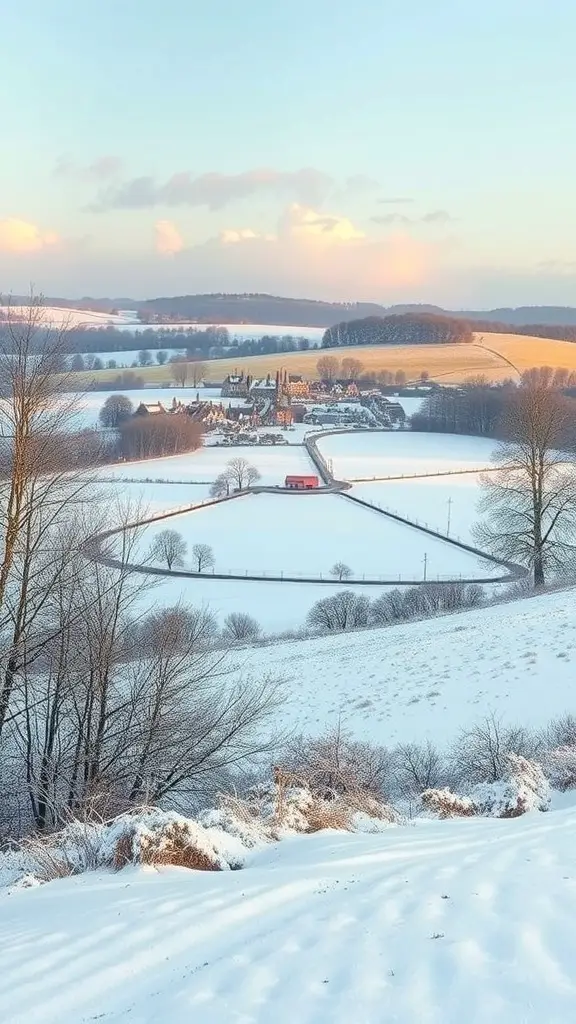 A picturesque winter scene in the English countryside with snow-covered fields and a quaint village.