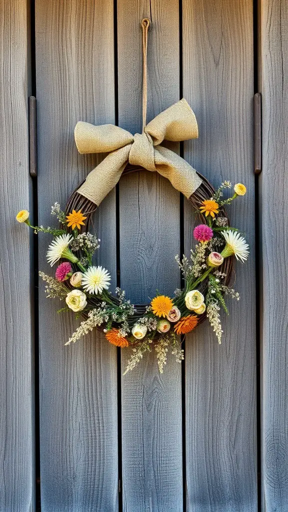 A rustic wreath with colorful flowers and a burlap bow hanging on a wooden door.