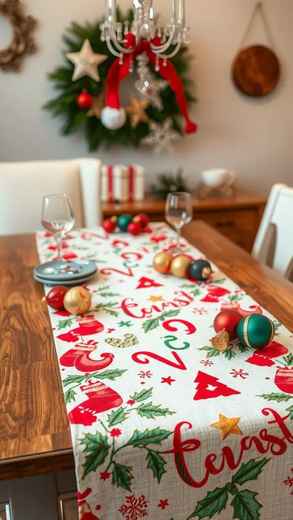 A festive Christmas table runner with holiday designs on a wooden dining table, surrounded by ornaments and glassware.