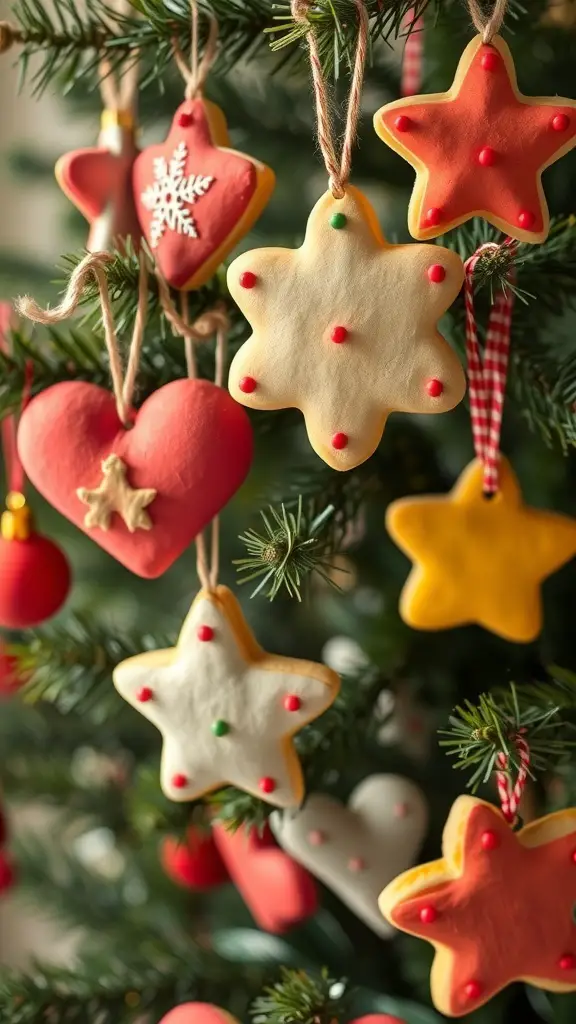 Colorful salt dough ornaments in various shapes hanging on a Christmas tree.