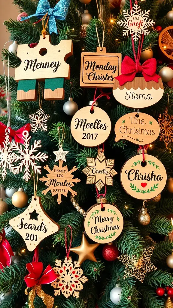 A collection of personalized wooden ornaments hanging on a Christmas tree.