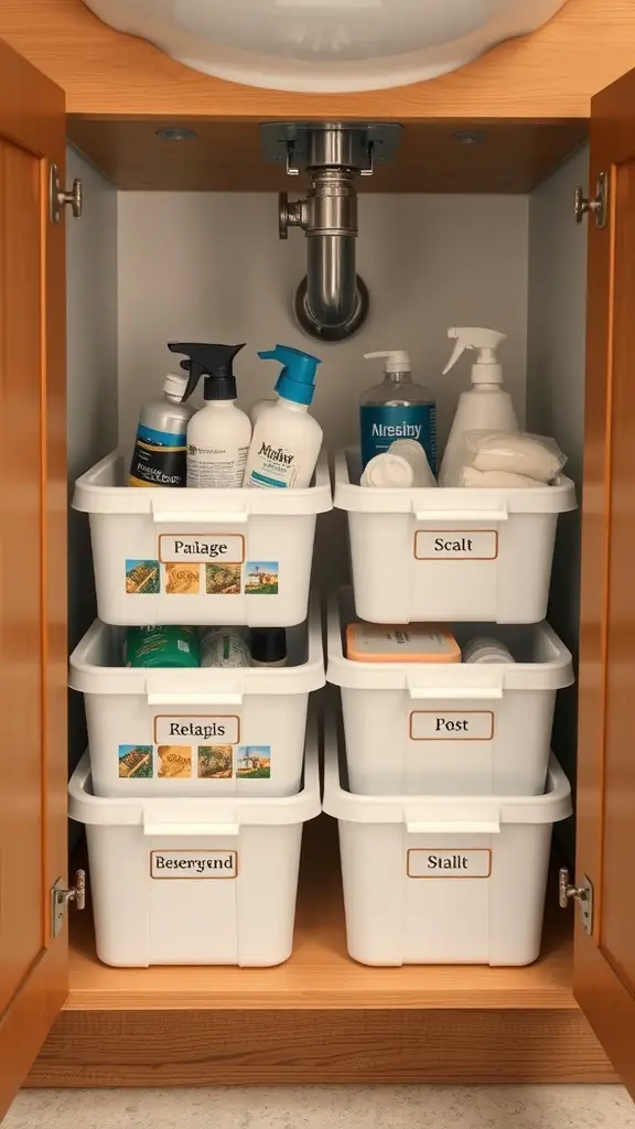 29+ Creative Bathroom Under Sink Organization Ideas You Need to Try 4 Organized bathroom under sink with stackable bins labeled for easy access.