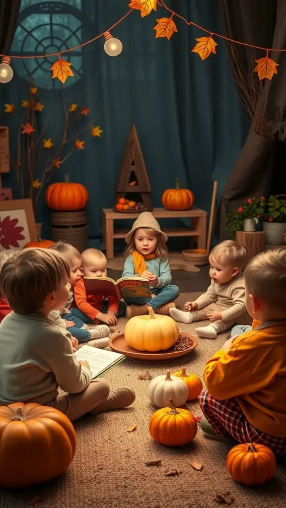 A group of toddlers sitting in a cozy setting for storytime, surrounded by pumpkins and autumn decorations.