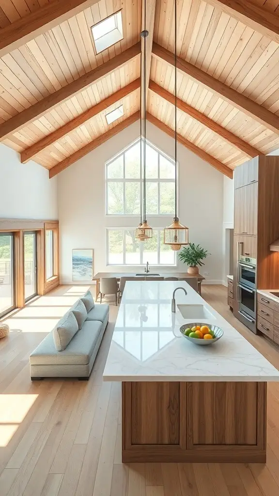 29+ Stunning Barndominium Kitchen Ideas You’ll Love 7 A spacious barndominium kitchen with an open concept layout, featuring high ceilings, large windows, and a central island.