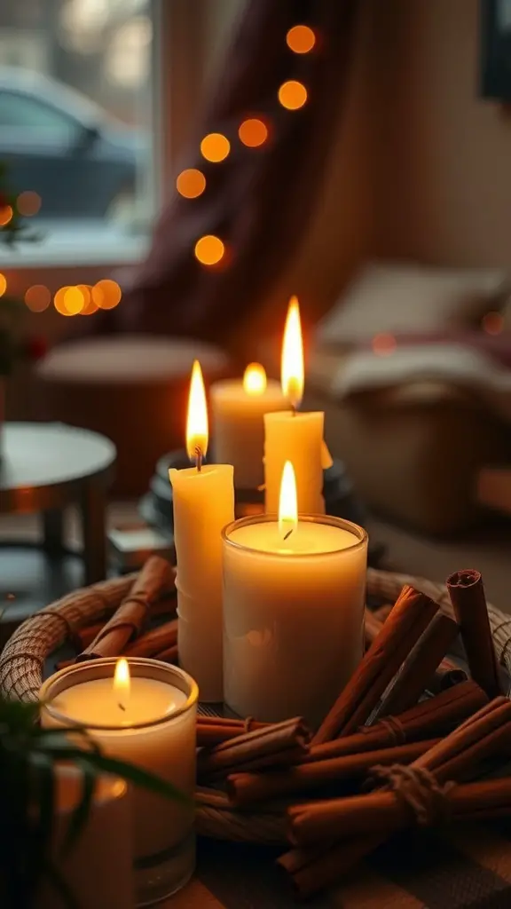 Cinnamon stick candle holders with lit candles
