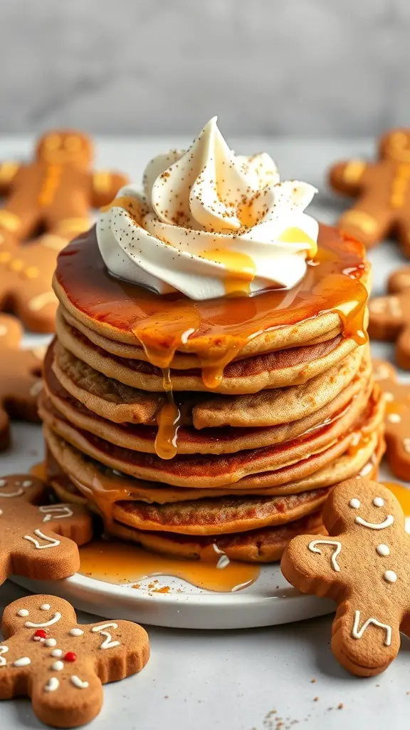 Stack of gingerbread pancakes topped with whipped cream and maple syrup, surrounded by gingerbread cookies.