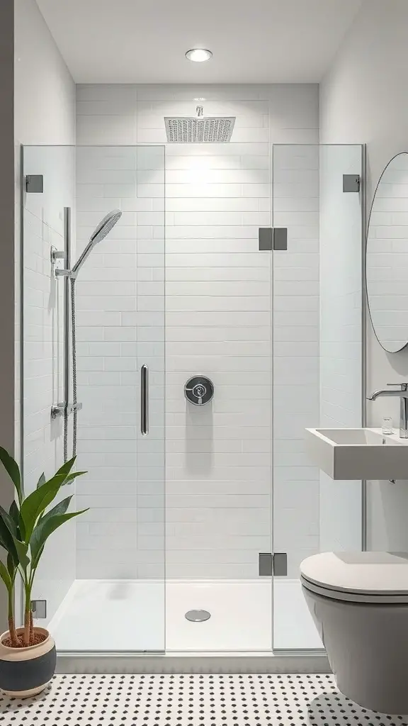27+ Stunning Mid Century Modern Bathroom Ideas You'll Love 10 A minimalist shower design featuring a glass enclosure, modern showerhead, and white tiles.