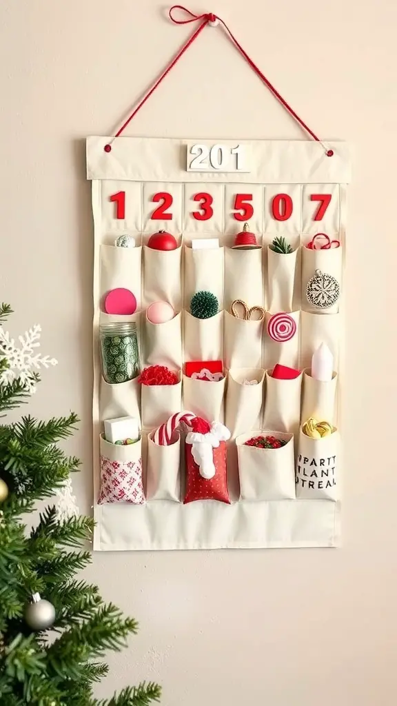 A DIY advent calendar with numbered pockets filled with colorful decorations and treats.