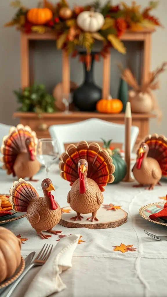 A Thanksgiving table decorated with whimsical turkey figurines, pumpkins, and autumn leaves.