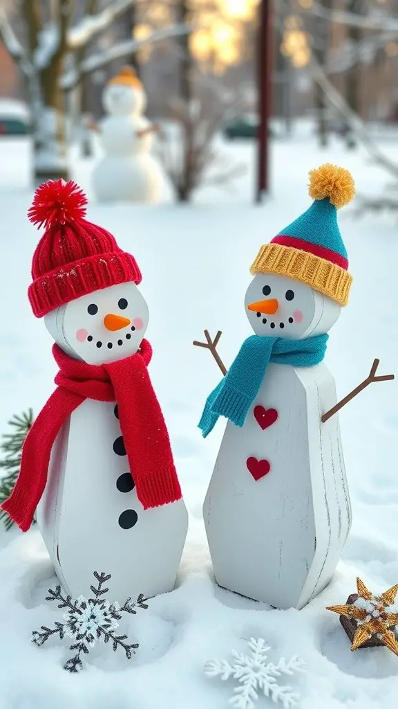Two cheerful wooden snowmen with colorful hats and scarves in a snowy setting.