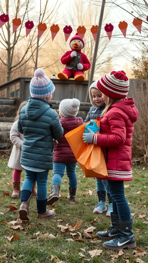 Children participating in a Thanksgiving scavenger hunt outdoors.