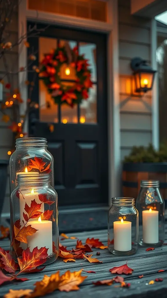 Mason jar lanterns filled with fall foliage and candles on a porch