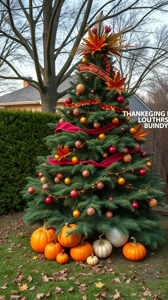A beautifully decorated Thanksgiving tree with pumpkins at its base, showcasing fall colors and ornaments.